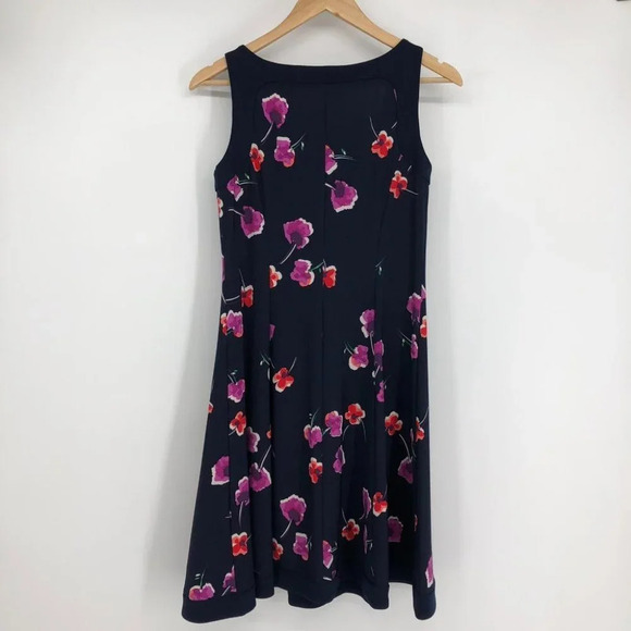 Chaps Navy Blue Floral  Red Pink Sleeveless Fit & Flair midi dress SP - Picture 2 of 13